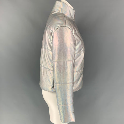 VEDA Chaqueta con cremallera de poliuretano acolchada iridiscente plateada talla S