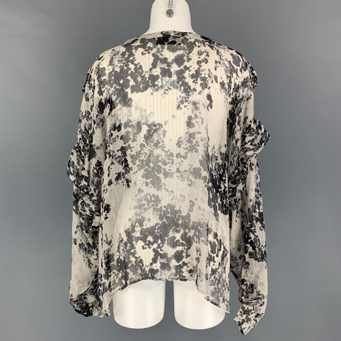 FAITH CONNEXION Size XS Black White Gold Silk Blend Marbled Ruffle Blouse