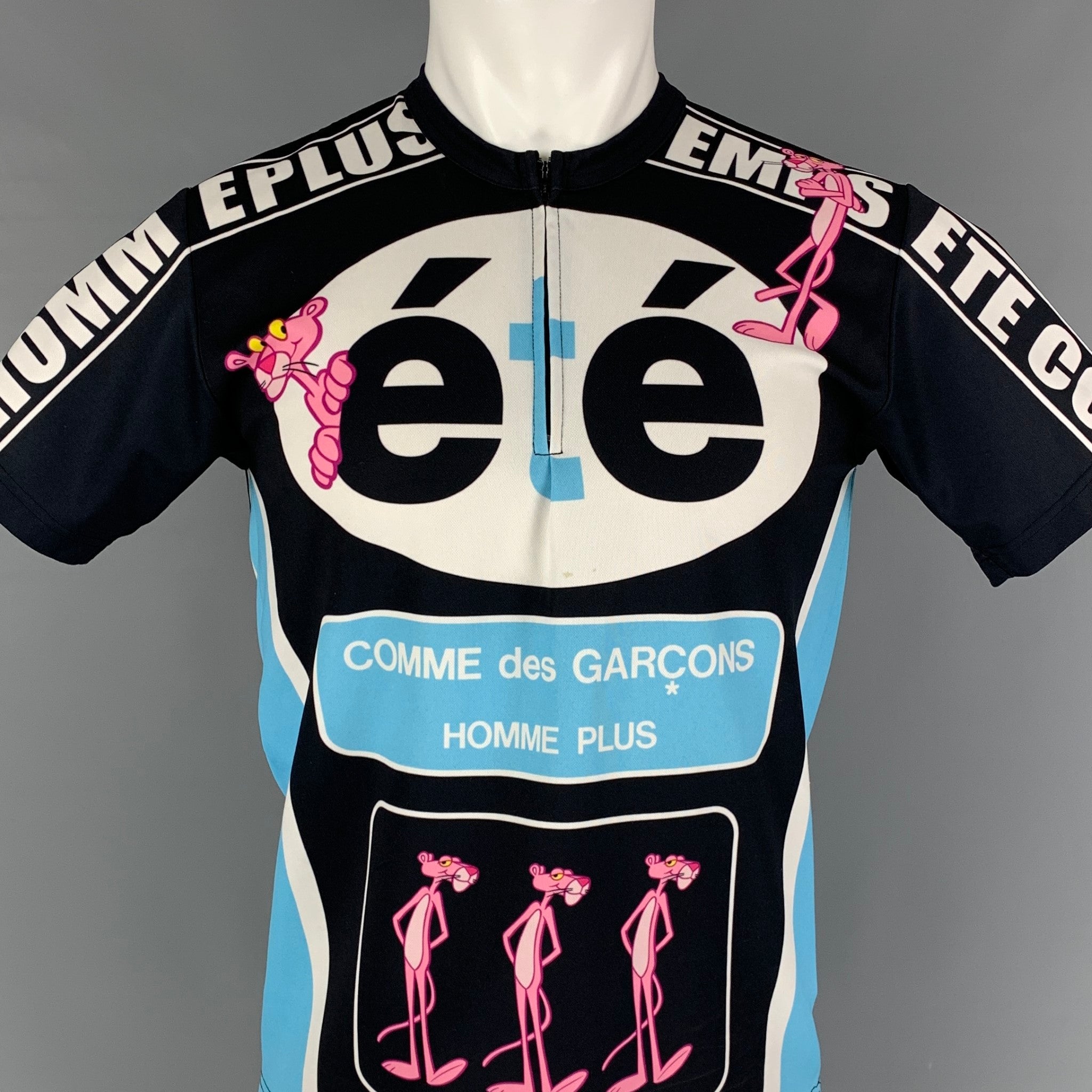 COMME des GARCONS HOMME PLUS Size M Black Blue Pink Panther Logo Polyester  Jersey T-shirt