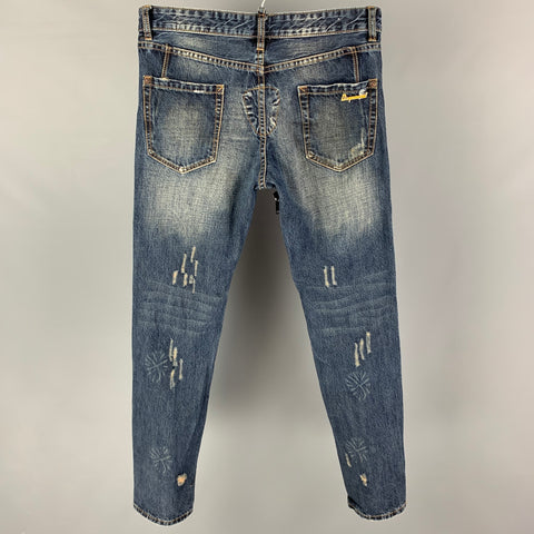 DSQUARED2 Size 32 Blue Black Distressed Cotton Skinny Slim Jeans