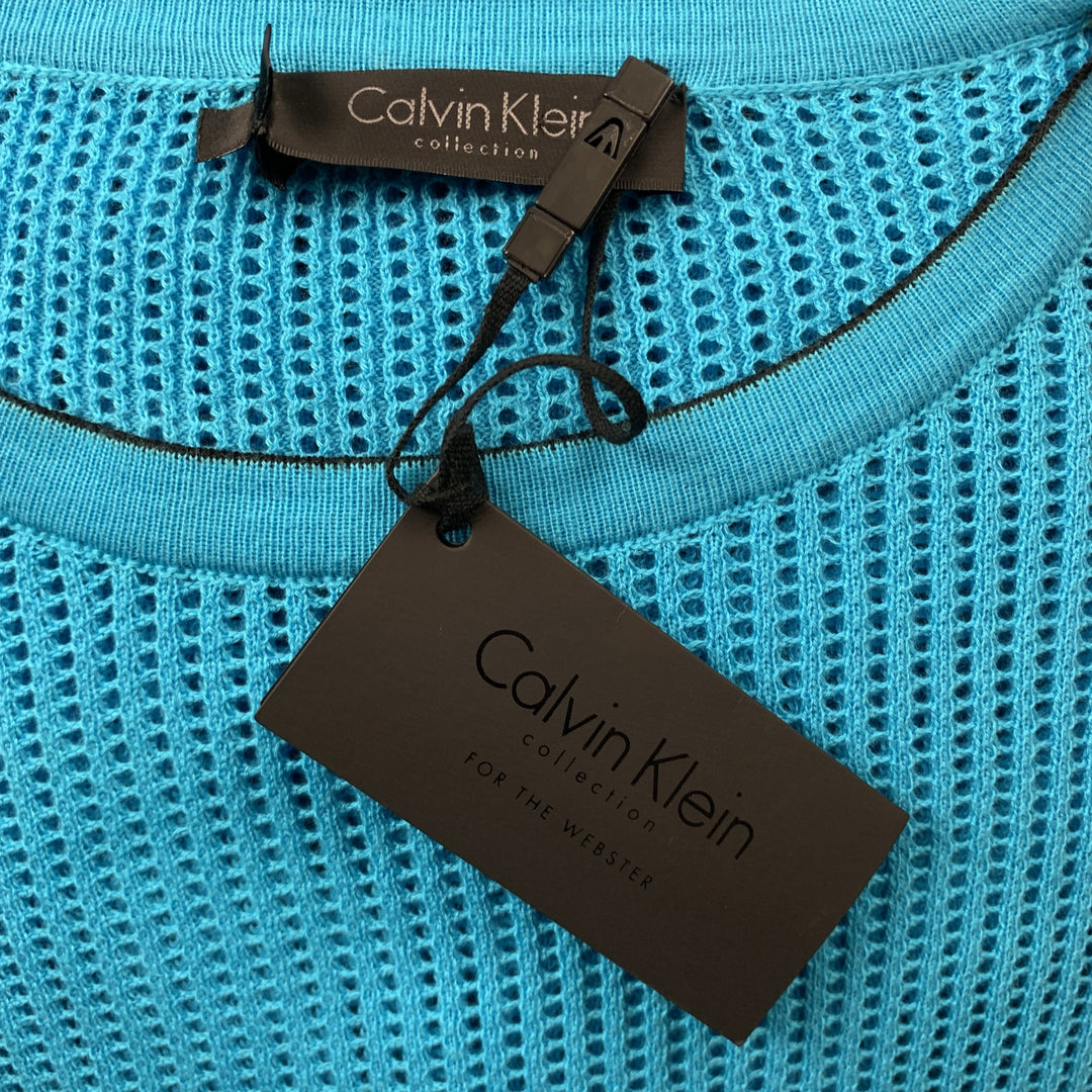CALVIN KLEIN COLLECTION Size S Aqua Mesh Cotton Crew-Neck Pullover