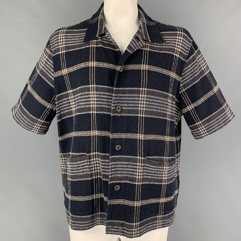 OUR LEGACY Size L Navy Brown White Plaid Cotton Acrylic Short Sleeve Shirt