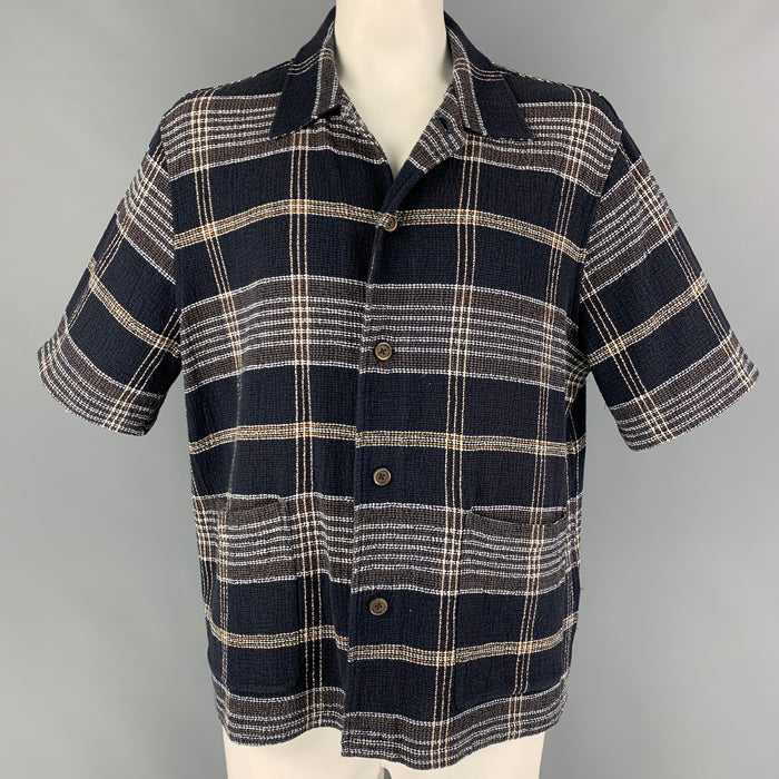 OUR LEGACY Size L Navy Brown White Plaid Cotton Acrylic Short Sleeve Shirt