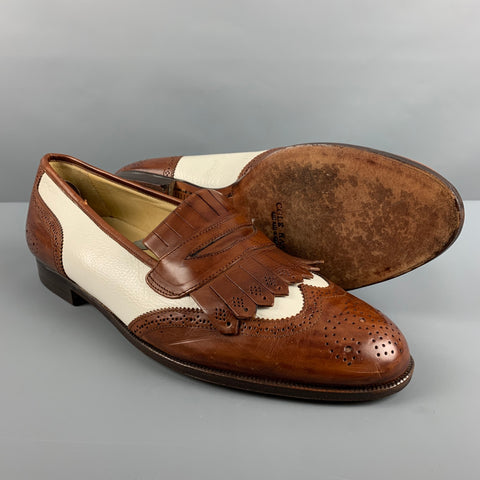 COLE HAAN Size 9.5 Brown Cream Perforated Leather Penny Loafers