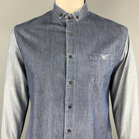 EMPORIO ARMANI Size XL Indigo Two Toned Cotton Button Down Long Sleeve Shirt