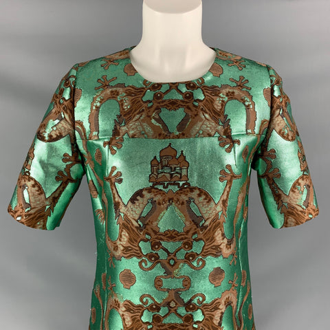 ISSA Size 8 Green Brown &  Green  Polyester Blend Tapestry Below Knee Cocktail Dress