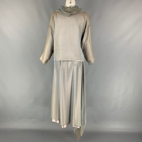 ZORAN Size M Aqua & Brown Silk Long Elastic Waistband 2 Piece Set