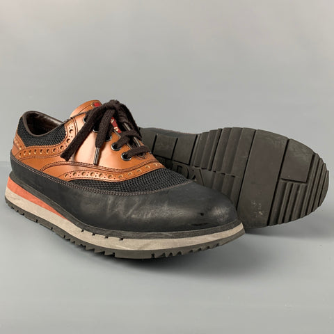 PRADA Size 7.5 Black Tan Mesh Lace Up Sneakers