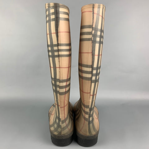 BURBERRY Size 10  Beige & Black Plaid Rubber Boots