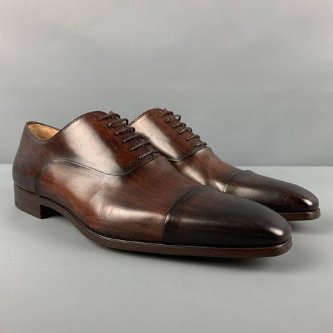 MAGNANNI Size 10 Brown Burnished Leather Cap Toe Lace Up Shoes