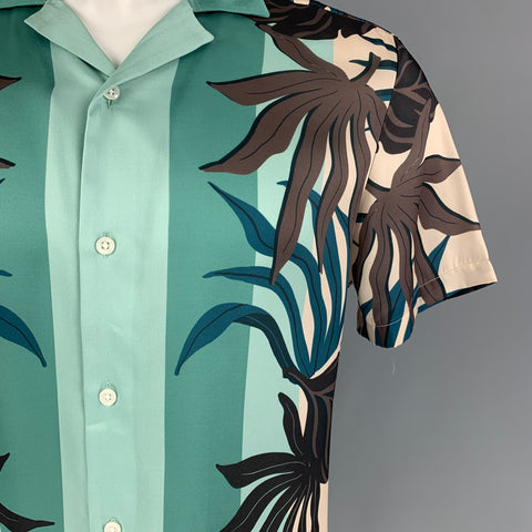 REISS Size M Mint Brown Cream Leaf Print Polyester Short Sleeve Shirt