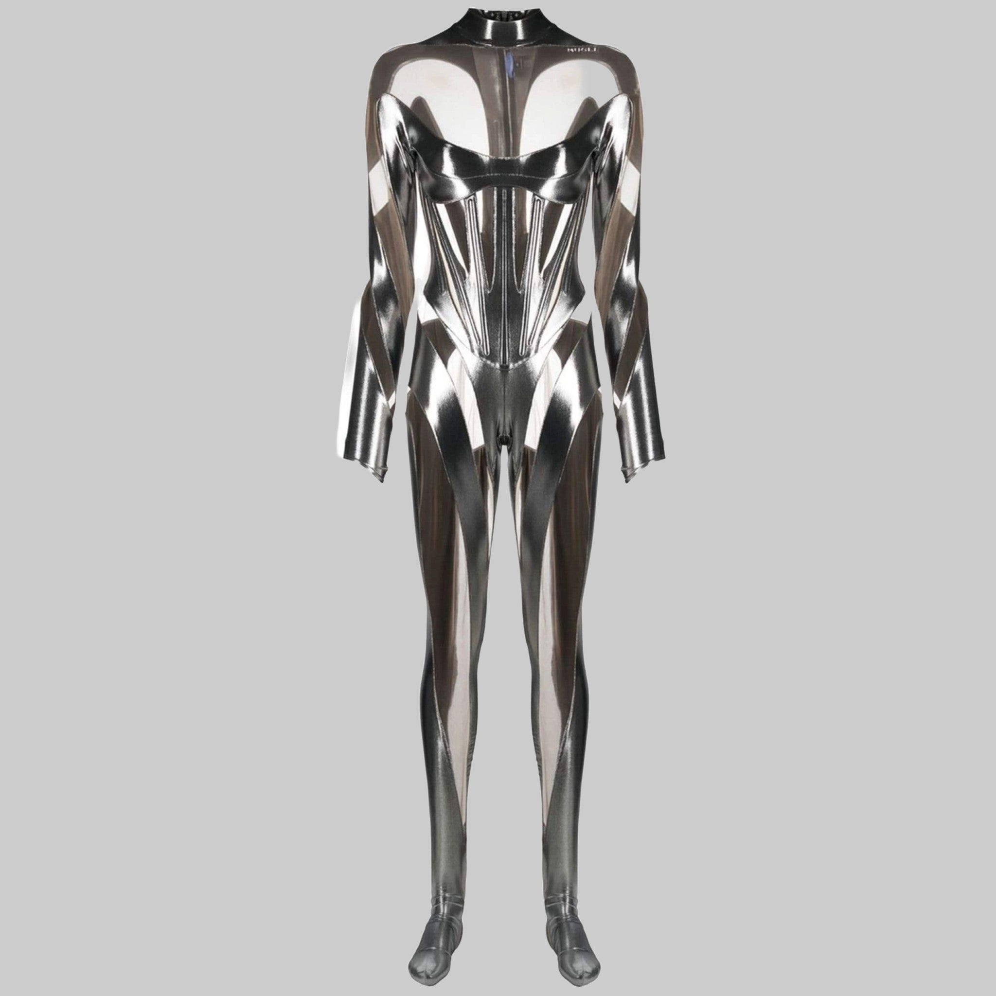 MUGLER Size 2 Silver Nude Mixed Fabrics Polyamide Mesh