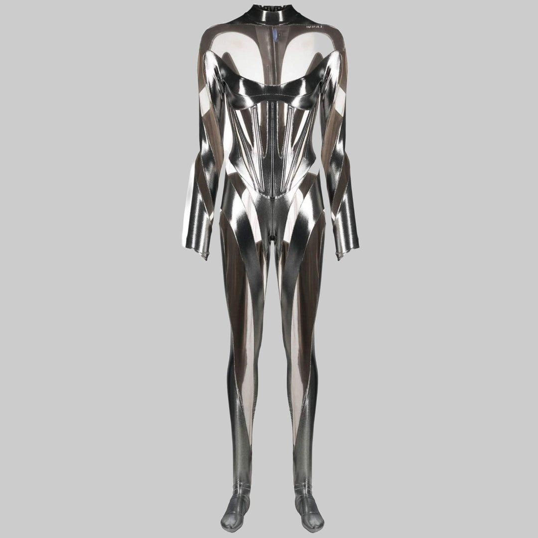 MUGLER Size 2 Silver Nude Mixed Fabrics Polyamide Mesh Jumpsuits