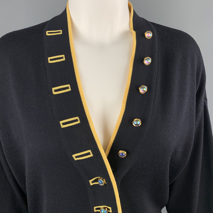 ESCADA Size 8 Navy & Yellow Wool Blend Knit AB Button Cardigan