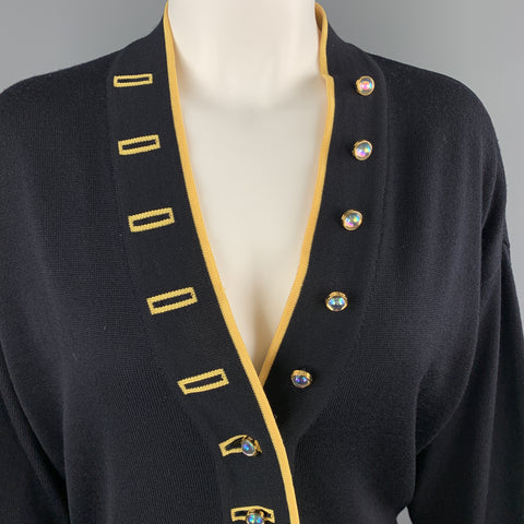 ESCADA Taille 8 Marine &amp;Jaune Mélange de Laine Tricot AB Bouton Cardigan