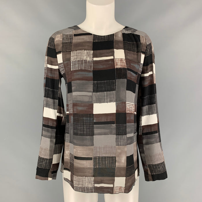 MARNI Size 2 Grey & Black Viscose Color Block Long Sleeve Blouse
