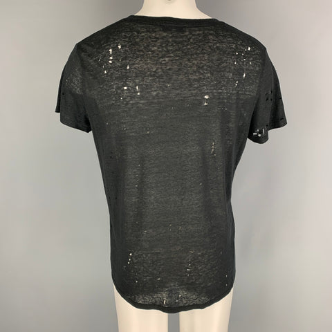 IRO Size S Black Distressed Linen Crew-Neck T-shirt