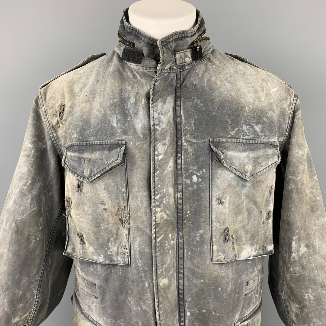 R13 Size M Gray Distressed Cotton Destroyed Military Hooded Jacket
