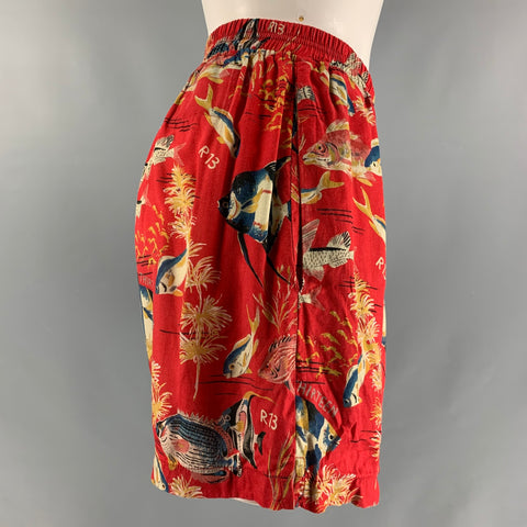 R13 Size L Red Viscose Tropical Fish Print Shorts
