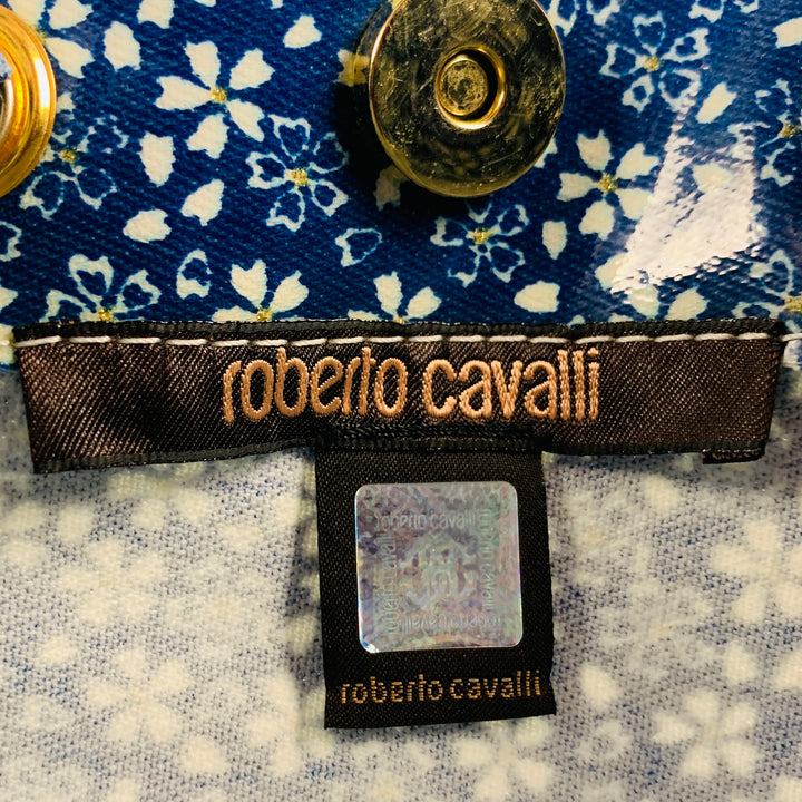 ROBERTO CAVALLI Blue White Floral Tote Handbag