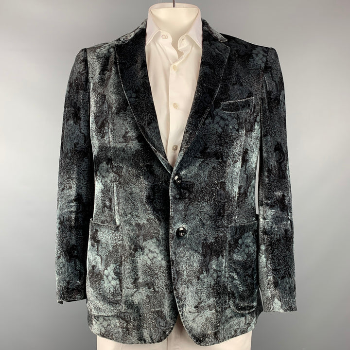 ETRO Size 44 Black & Grey Print Viscose / Silk Notch Lapel Sport Coat