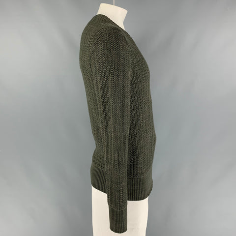 JOHN VARVATOS Size L Dark green Knitted Cotton &  Silk V-Neck Sweater