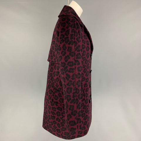 COACH Size M Burgundy Black Wool Blend Animal Print Double Breasted Coat