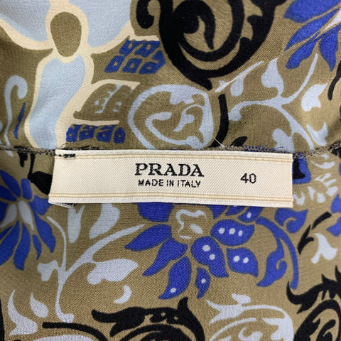 PRADA Size 4 Light Blue Olive Silk Abstract Short Sleeve Blouse