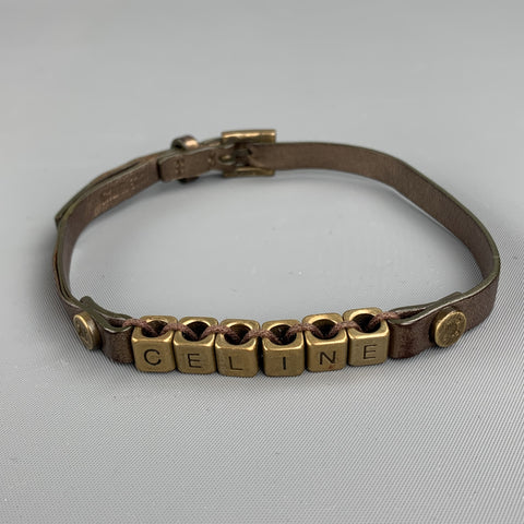 CELINE Gold Leather Metal Alphabet Block Bead Double Wrap Bracelet