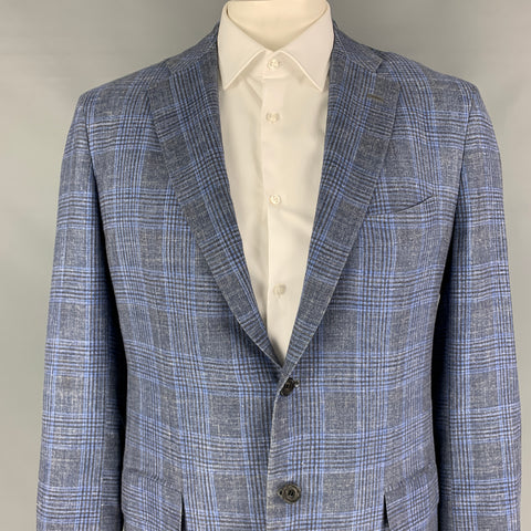 KITON Size 46 Grey Blue Plaid Cashmere Blend Notch Lapel Sport Coat