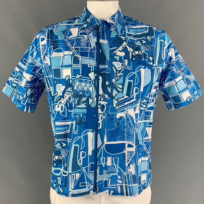 HERMES Size XL Blue White Print Cotton Zip Up Short Sleeve Shirt