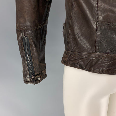 ALLSAINTS Size S Brown Distressed Leather Zip Up Jacket