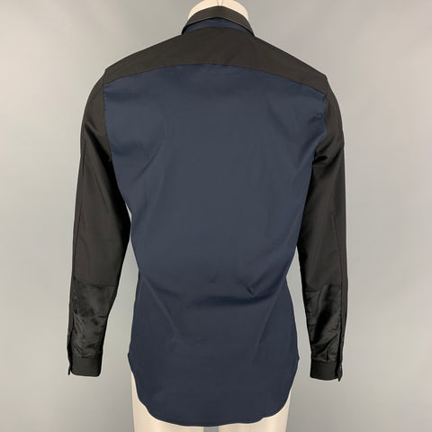 PRADA Size M Navy & Black Color Block Cotton Blend Mixed Fabrics Long Sleeve Shirt