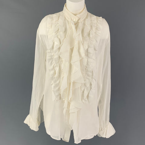 DRIES VAN NOTEN Size 8 White Cotton Silk Ruffled Nehru Collar Blouse