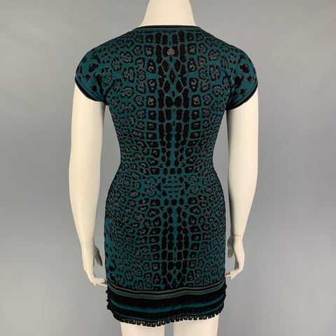 ROBERTO CAVALLI Size 8 Black Green Animal Print Viscose Blend Dress