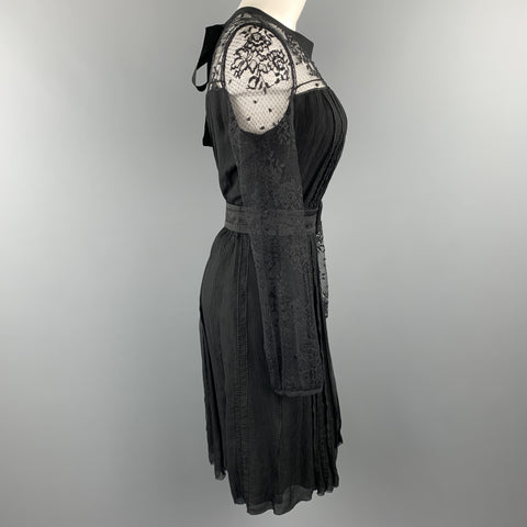 PRADA Talla 10 Vestido de cóctel de manga larga con top de encaje de seda plisado negro