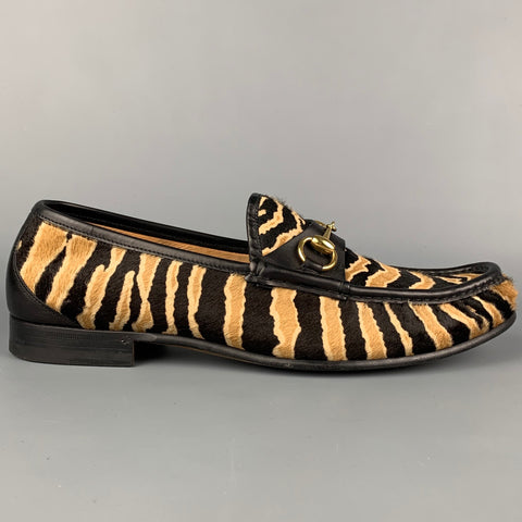 GUCCI Talla 9 Mocasines Horsebit sin cordones con pelo de becerro de cebra en negro y beige