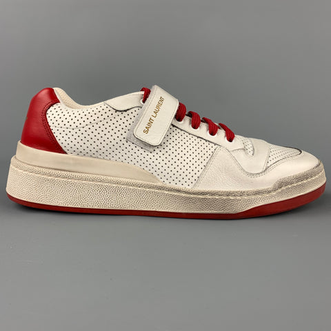 SAINT LAURENT Size 9 White & Red Perforated Leather Low Top Sneakers