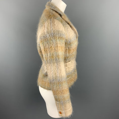BARRY BRICKEN Taille 8 Tan Plaid Mohair Blend Peak Veste à revers
