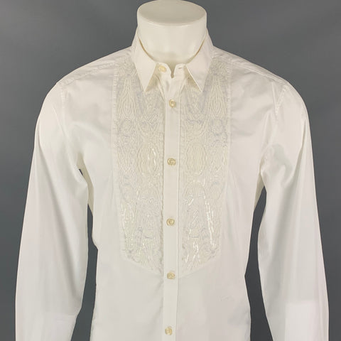 JUST CAVALLI Size S White Beaded Cotton Button Up Long Sleeve Shirt