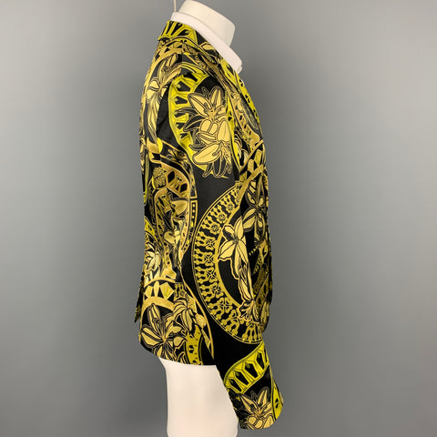 VERSACE JEANS Size 40 Black & Gold Print Polyester Notch Lapel Sport Coat