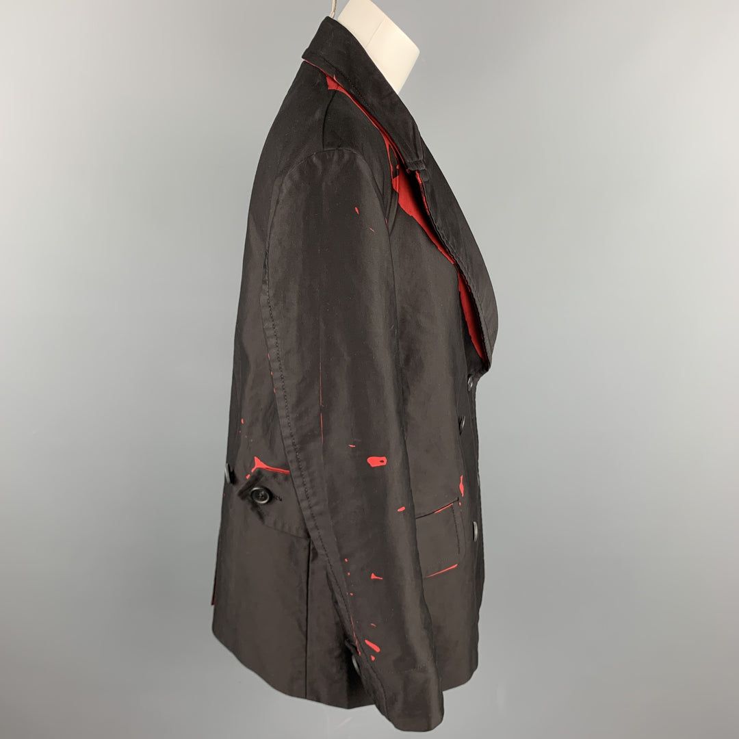 PRADA SS 2018 Size S Brown & Red Print CottonDouble Breasted Pea Coat