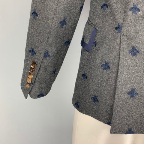 GUCCI Size 36 Regular Charcoal Navy Royal Bee Embroidery Wool Sport Coat