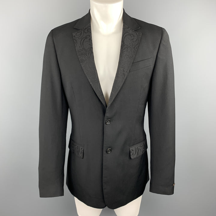 JUST CAVALLI Size 40 Black Wool Lace Notch Lapel Sport Coat