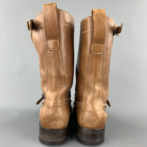 RALPH LAUREN Talla 8.5 Botas con doble hebilla a media pantorrilla de cuero color canela