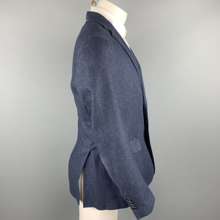 ETRO Taille 40 Manteau de sport à revers cranté en soie / lin texturé bleu marine