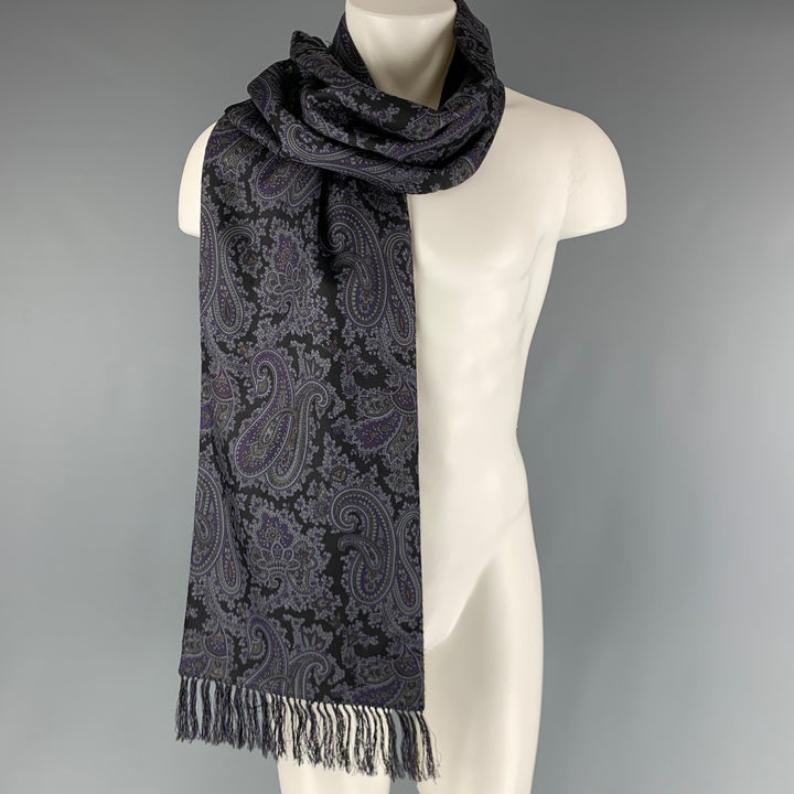 BERGDORF GOODMAN Grey Purple & Black Paisley Cashmere Silk Scarves