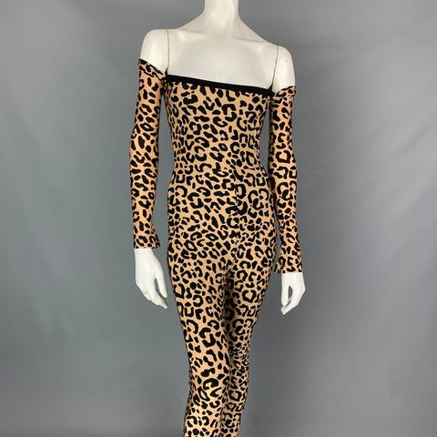 HALPERN Size XS Tan & Black Leopard Print Polyamide Bare Shoulder Jumpsuit