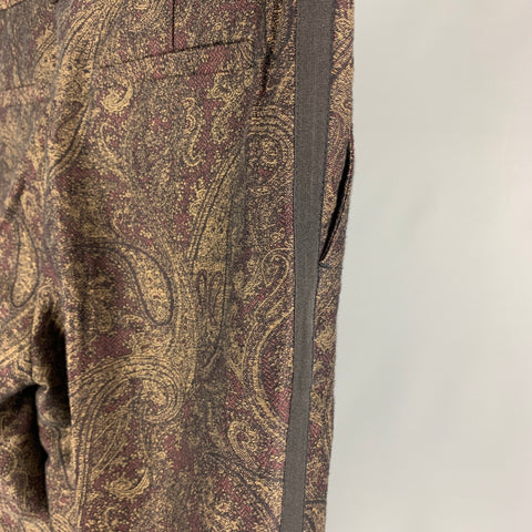 THE KOOPLES Size 30 Burgundy Gold Paisley Linen Cotton Zip Fly Dress Pants