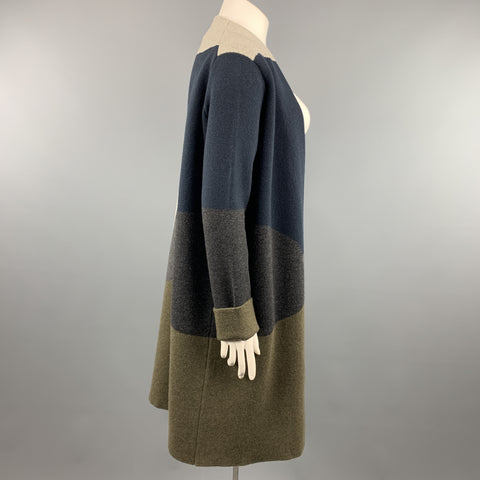 JIL SANDER Size 12 Grey Navy & Olive Green Color Block Cashmere Coat